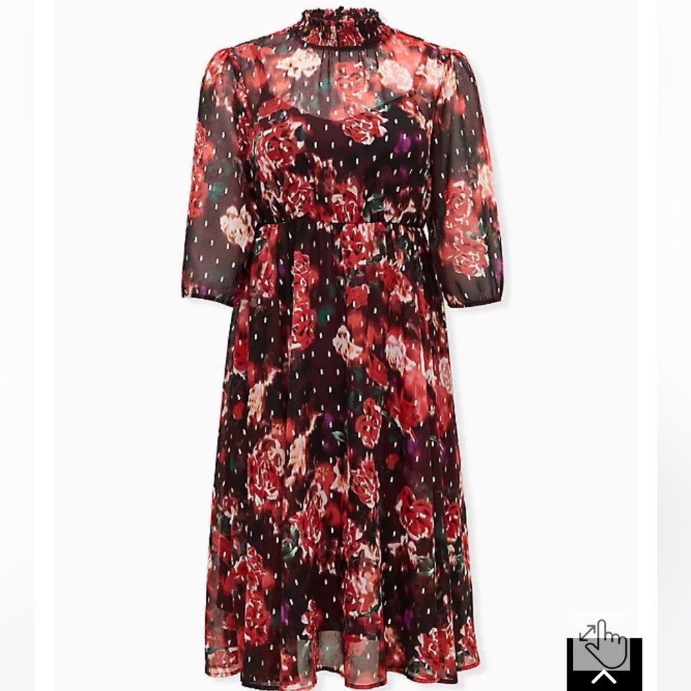 Torrid- BURGUNDY PURPLE FLORAL CHIFFON MOCK NECK MIDI DRESS